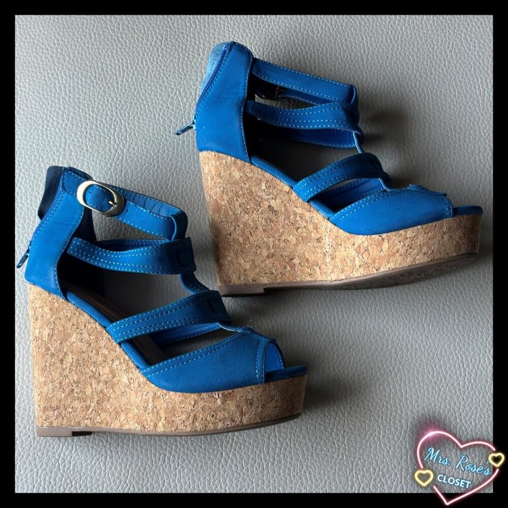 De Blossom Collection Blue Wedge Heel, Cork Platform Size 6.5